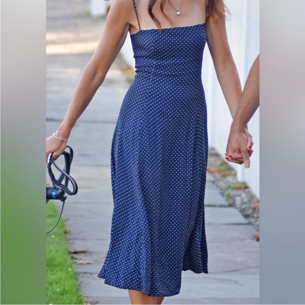 Reformation Navy Polka Dot Midi Slip Dress